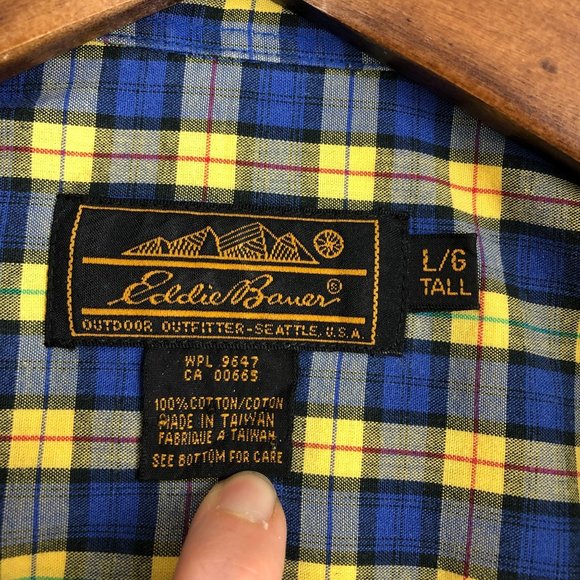 Eddie Bauer Mens Size Large Tall Blue Yellow Plaid Long Sleeve Button Down Shirt - Picture 8 of 9